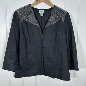 Chico's Chained Galloway Jacket Womens Size 2 Lined Black 3/4 Linen Blend Career